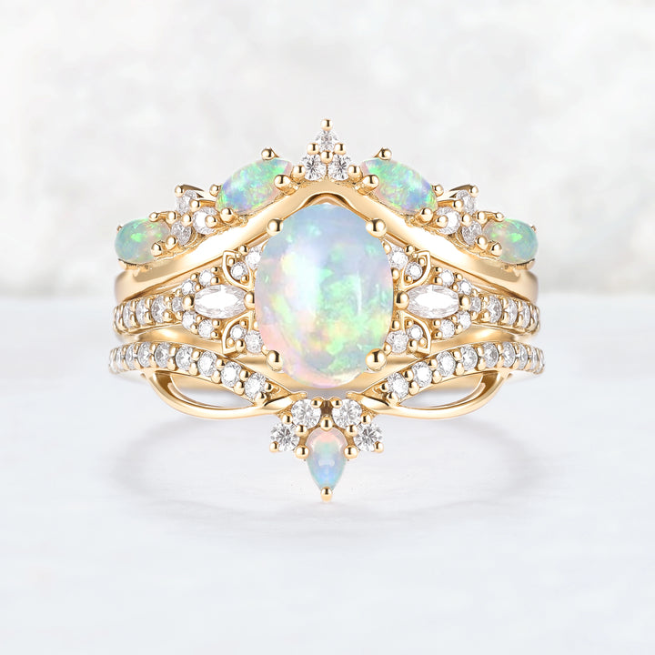 Nature Oval Shaped Natural Opal Vine Gemstone Ring Set 3pcs