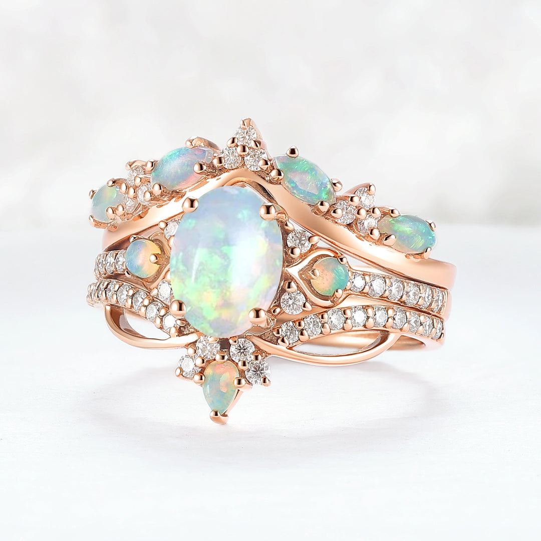 Nature Oval Shaped Natural Opal Vine Gemstone Ring Set 3pcs