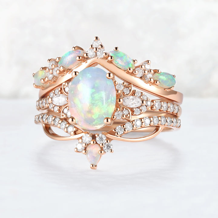Nature Oval Shaped Natural Opal Vine Gemstone Ring Set 3pcs