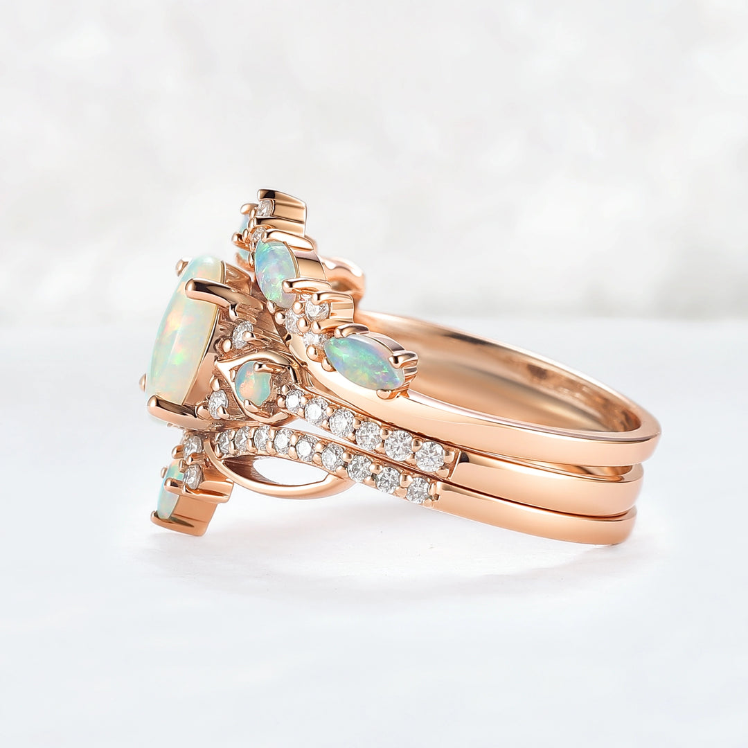 Nature Oval Shaped Natural Opal Vine Gemstone Ring Set 3pcs