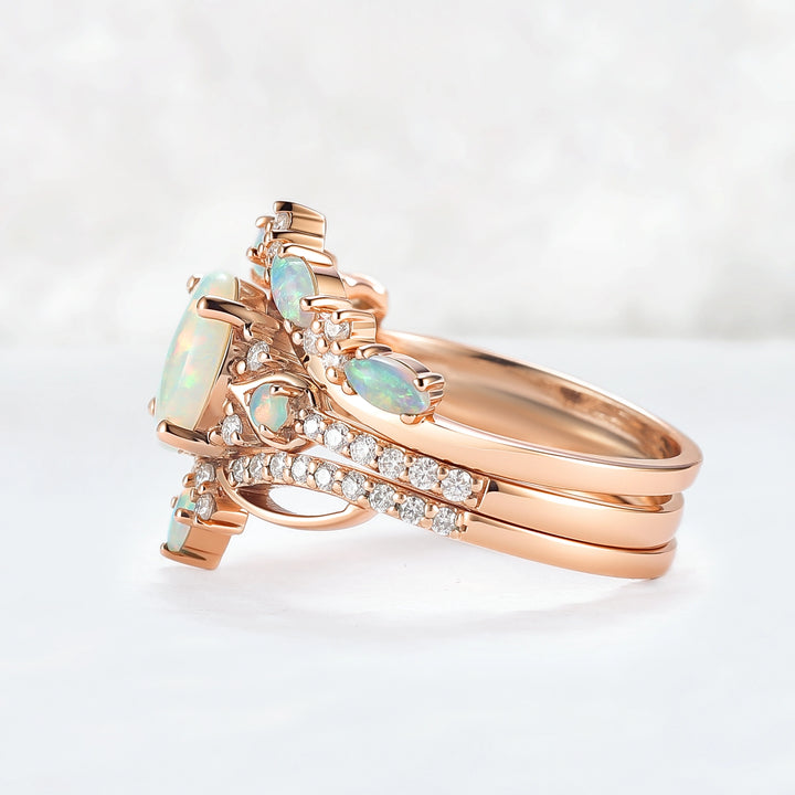 Nature Oval Shaped Natural Opal Vine Gemstone Ring Set 3pcs