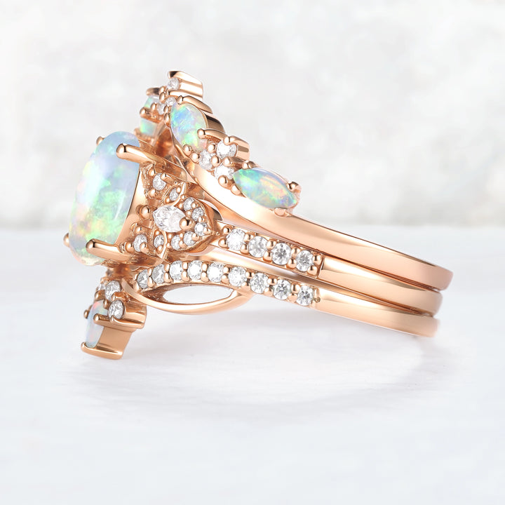 Nature Oval Shaped Natural Opal Vine Gemstone Ring Set 3pcs