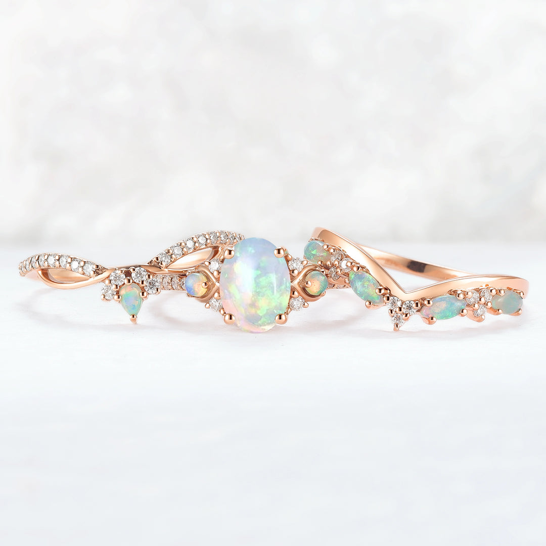 Nature Oval Shaped Natural Opal Vine Gemstone Ring Set 3pcs