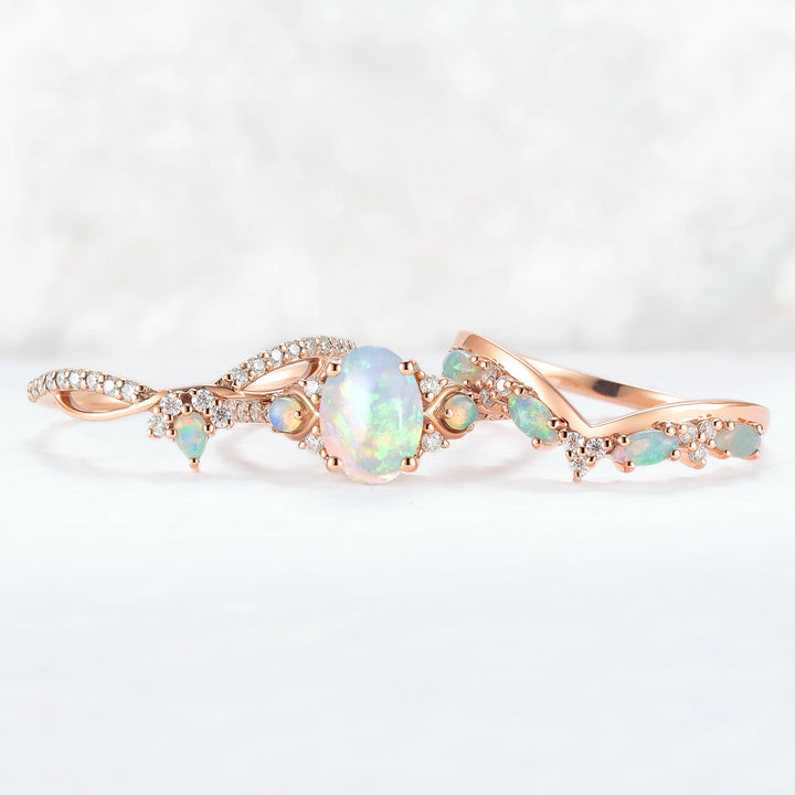 Nature Oval Shaped Natural Opal Vine Gemstone Ring Set 3pcs