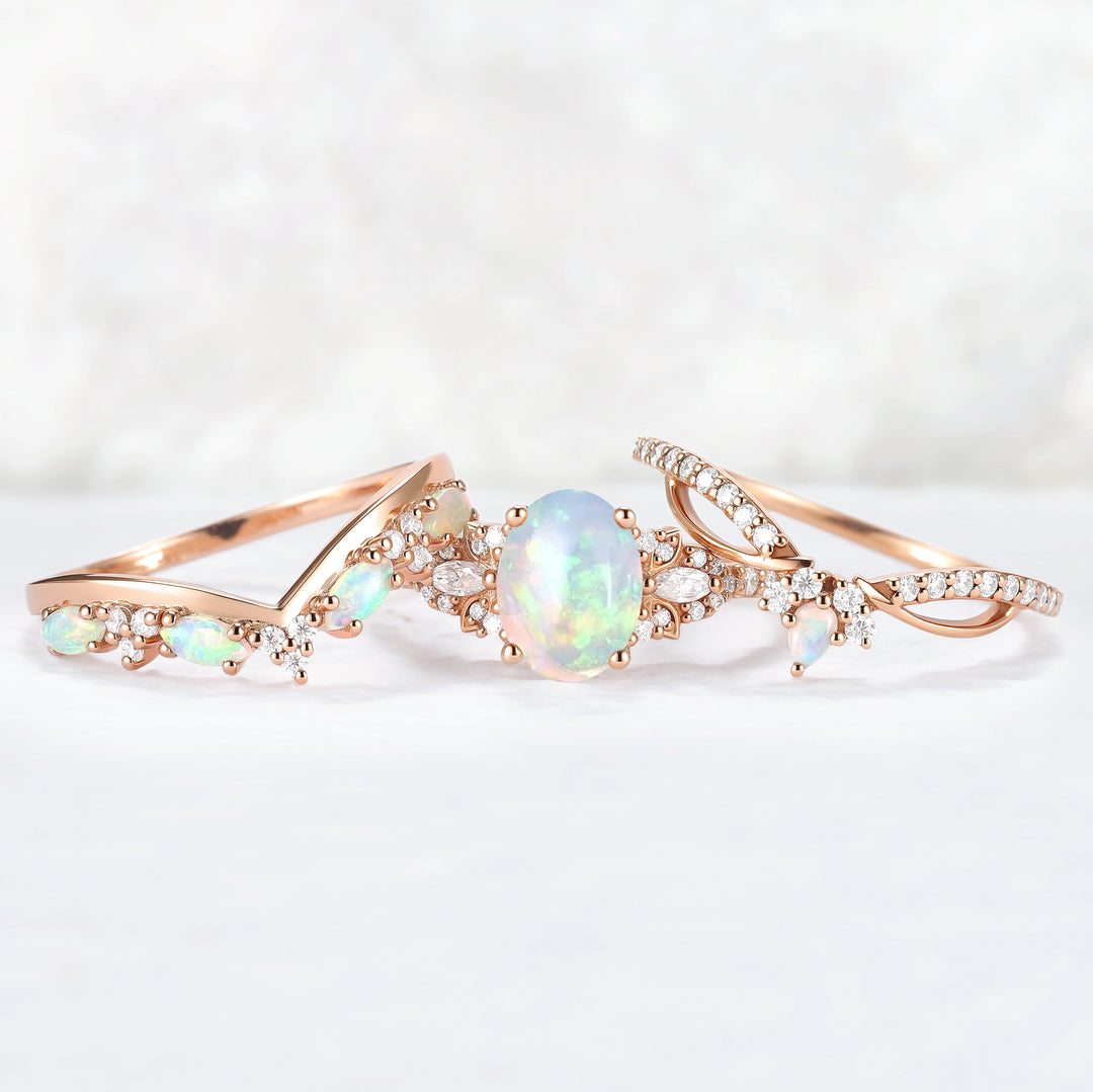 Nature Oval Shaped Natural Opal Vine Gemstone Ring Set 3pcs