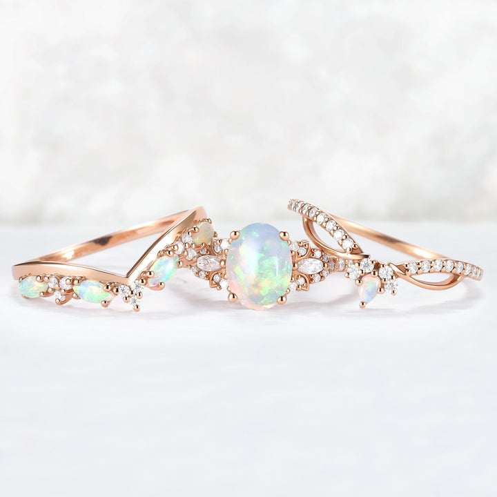 Nature Oval Shaped Natural Opal Vine Gemstone Ring Set 3pcs