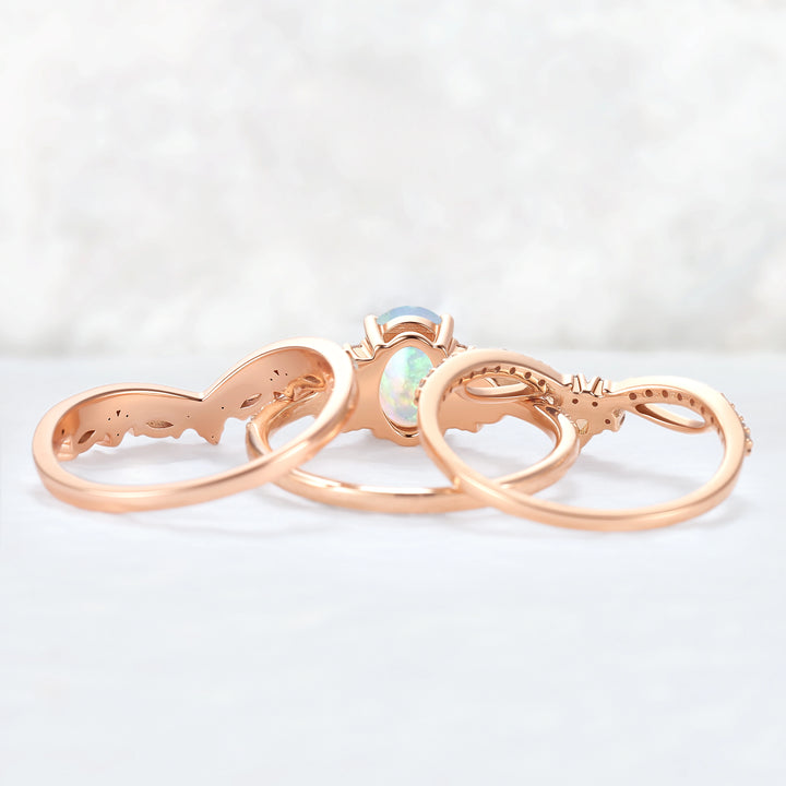 Nature Oval Shaped Natural Opal Vine Gemstone Ring Set 3pcs