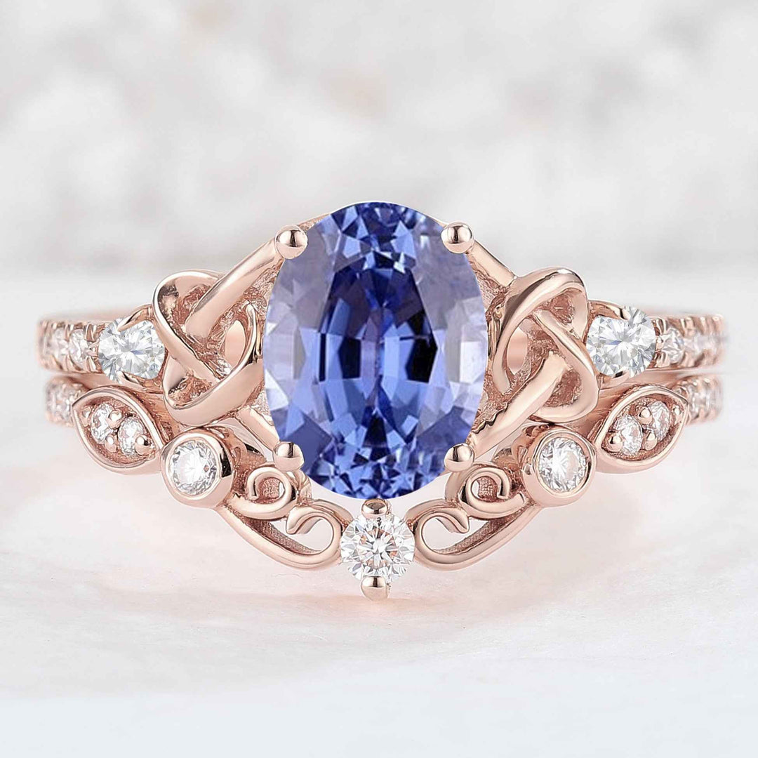 Nature Oval Cut Cornflower Sapphire Vine Gemstone Ring Set 2pcs