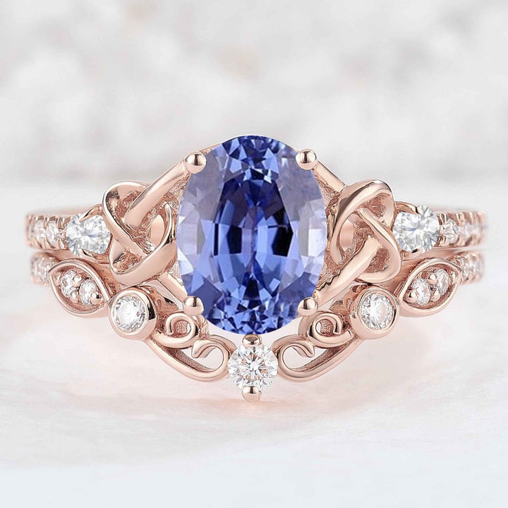 Nature Oval Cut Cornflower Sapphire Vine Gemstone Ring Set 2pcs