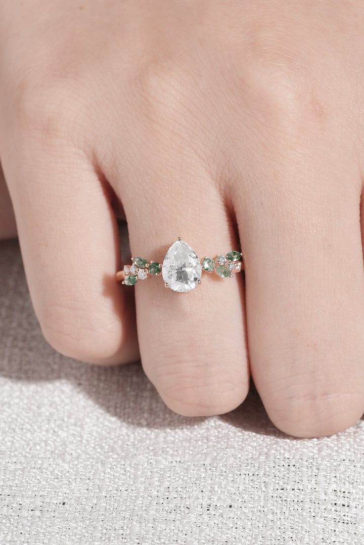 Nature Pear Cut Moissanite Leaf Gemstone Ring