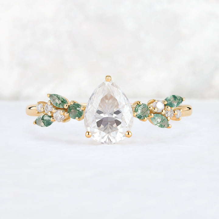Nature Pear Cut Moissanite Leaf Gemstone Ring