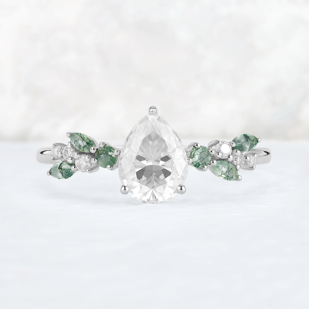 Nature Pear Cut Moissanite Leaf Gemstone Ring