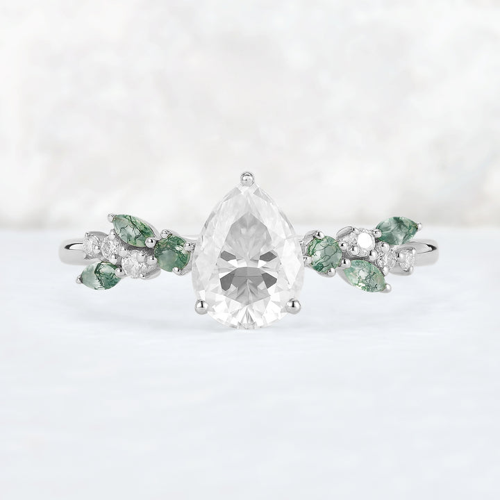 Nature Pear Cut Moissanite Leaf Gemstone Ring