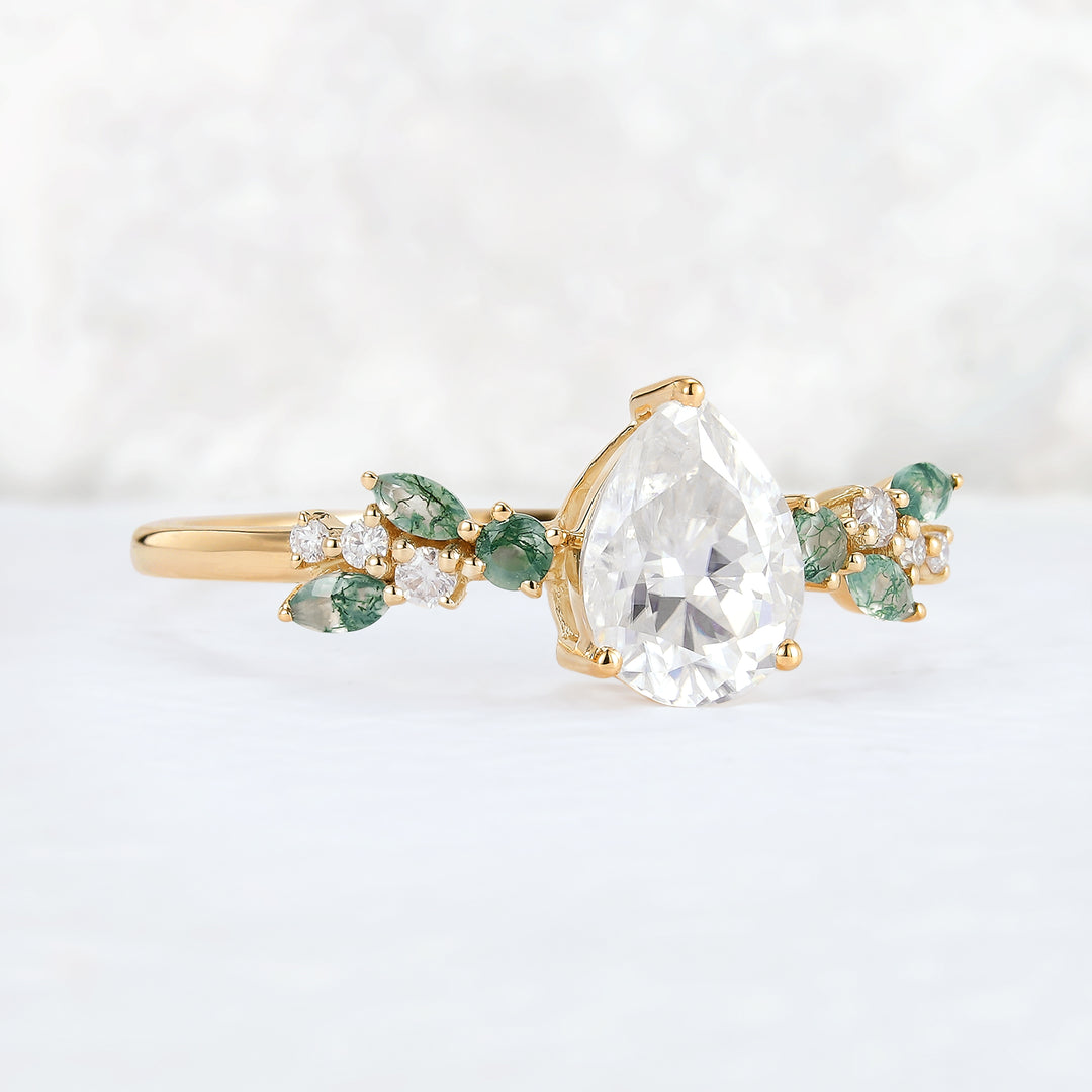 Nature Pear Cut Moissanite Leaf Gemstone Ring