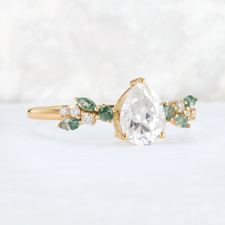 Nature Pear Cut Moissanite Leaf Gemstone Ring