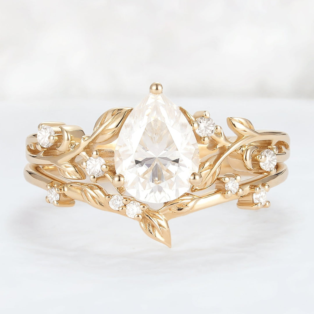 Nature Pear Cut Moissanite Leafy Engagement Ring Set 2pcs