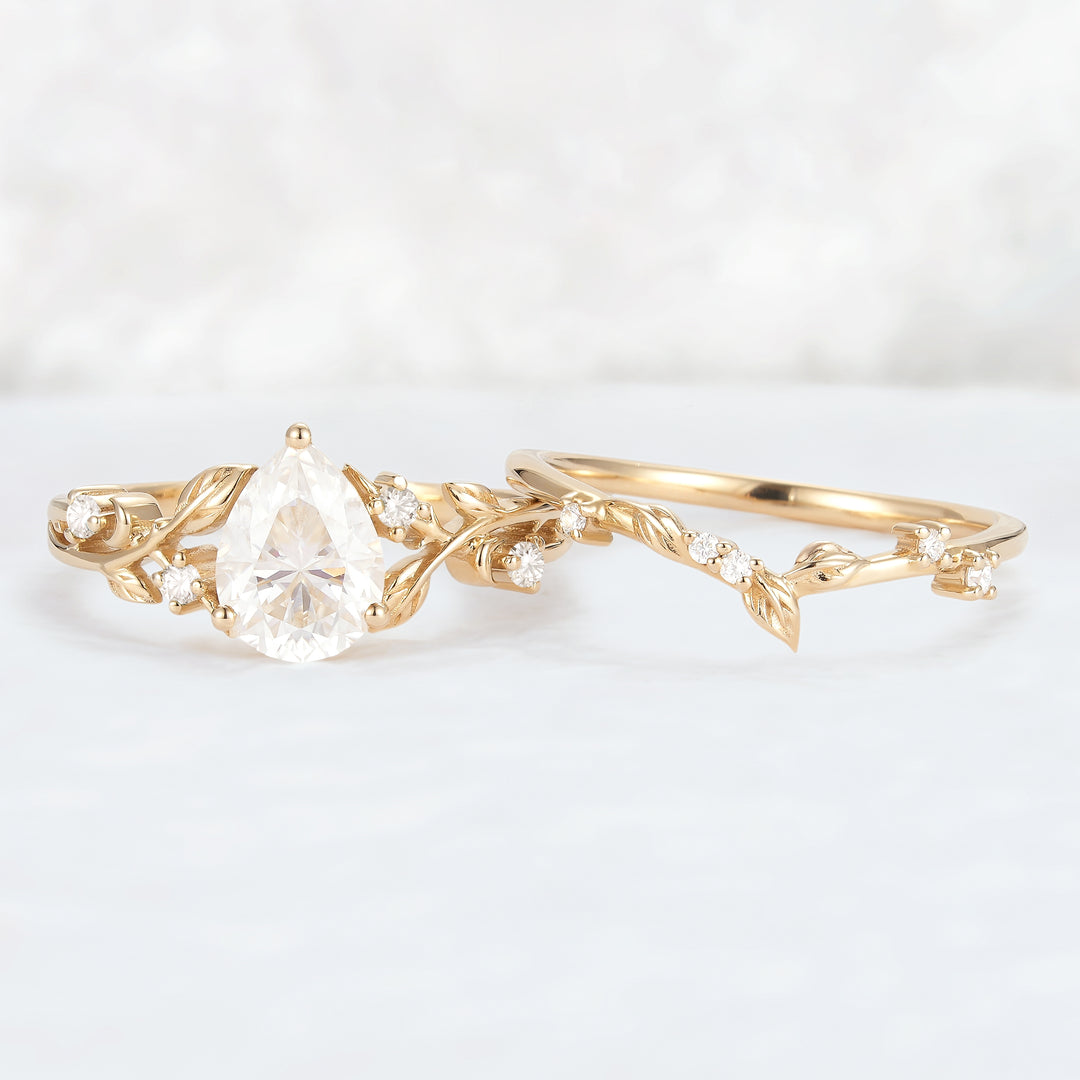Nature Pear Cut Moissanite Leafy Engagement Ring Set 2pcs