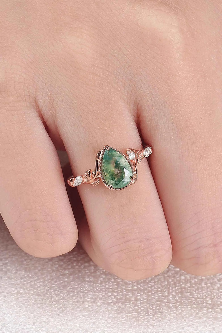 Unique Pear Cut Moss Agate Twisted Gemstone Ring