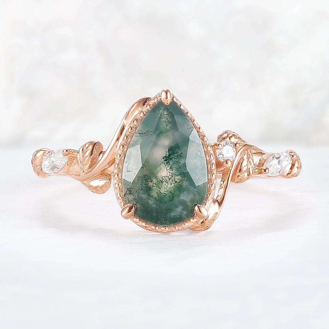 Nature Pear Cut Moss Agate Leaf Twisted Gemstone Ring