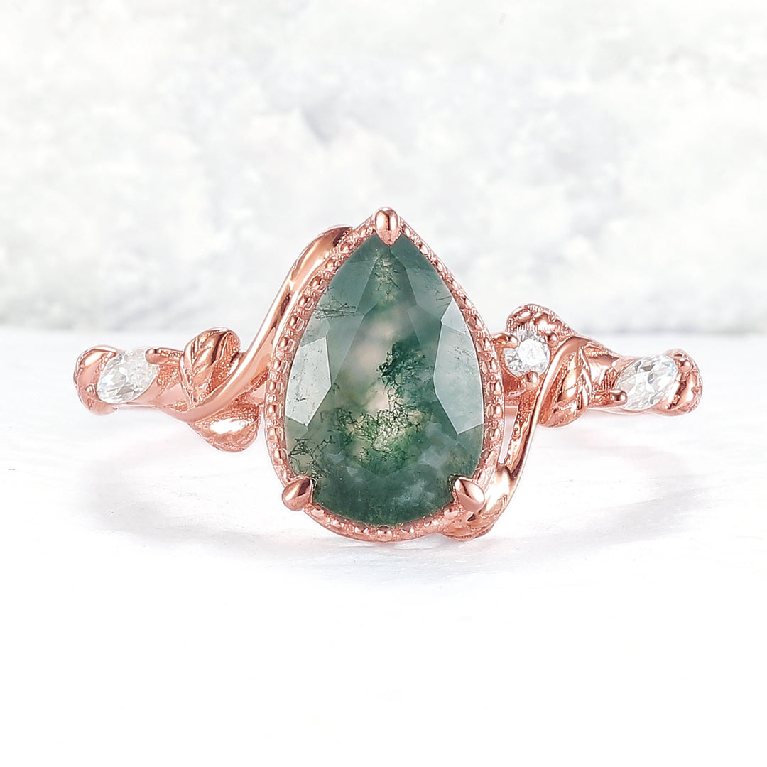 Nature Pear Cut Moss Agate Leaf Twisted Gemstone Ring