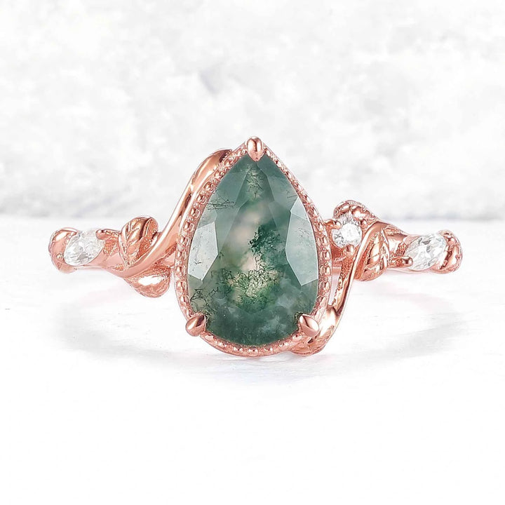 Unique Pear Cut Moss Agate Twisted Gemstone Ring