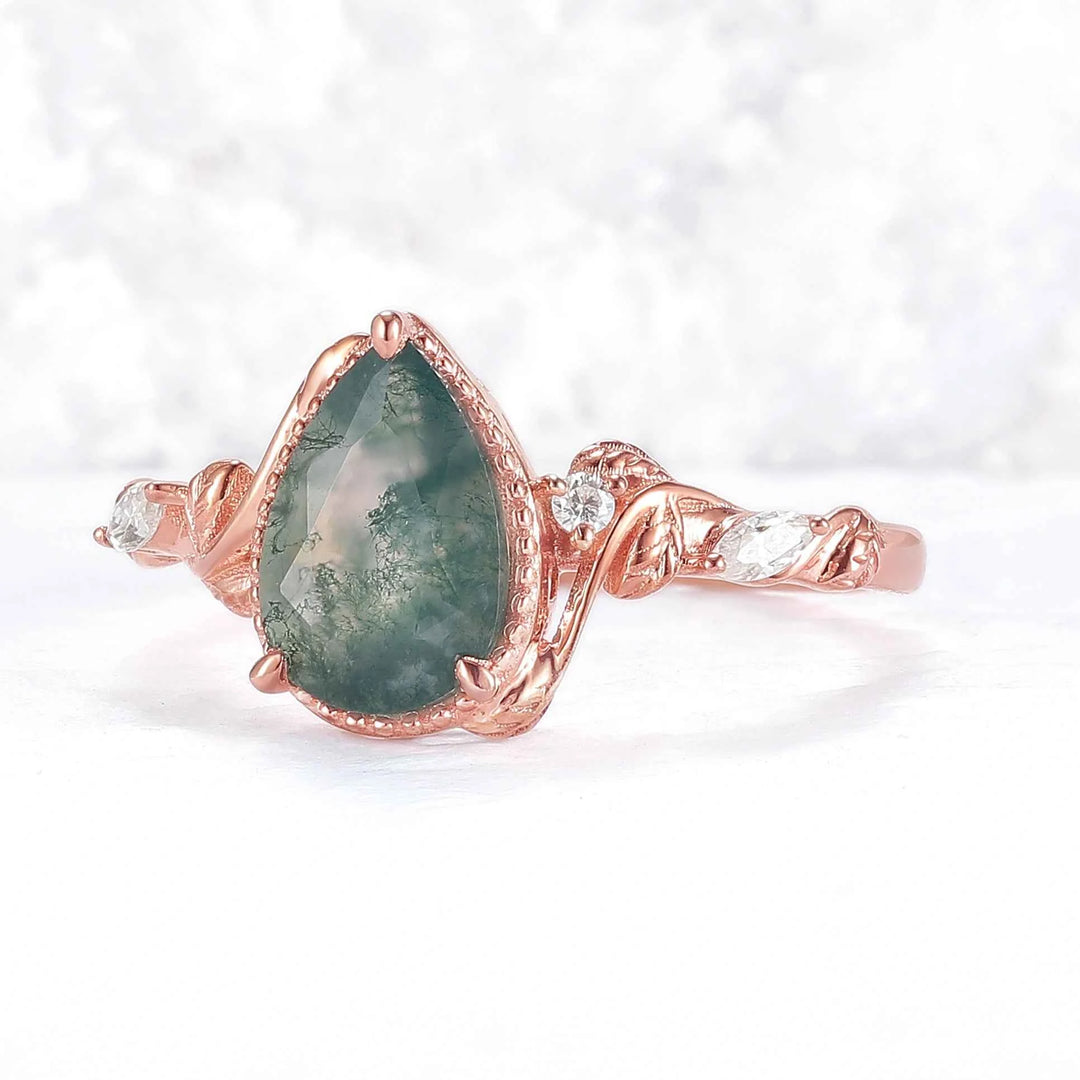 Unique Pear Cut Moss Agate Twisted Gemstone Ring