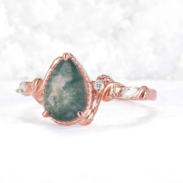 Unique Pear Cut Moss Agate Twisted Gemstone Ring