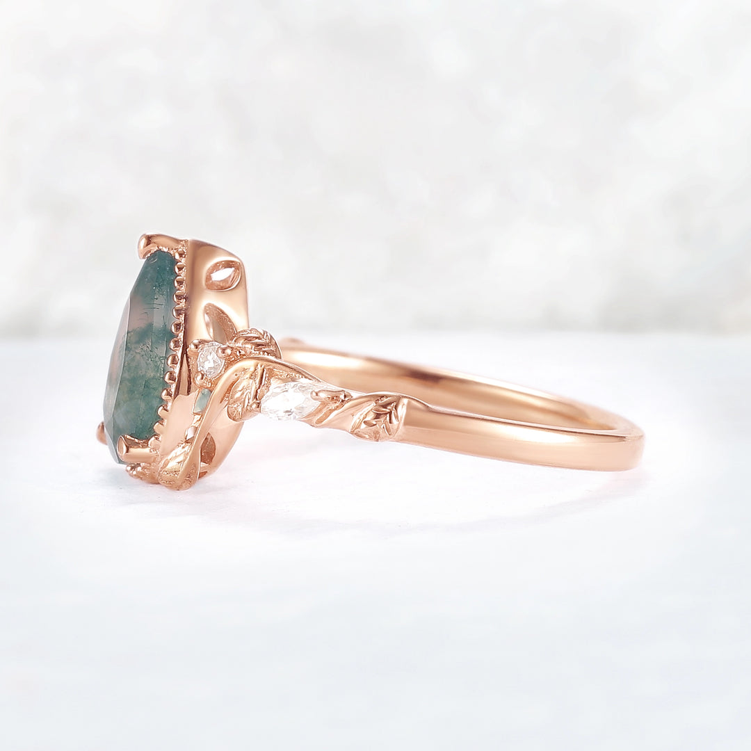 Nature Pear Cut Moss Agate Leaf Twisted Gemstone Ring