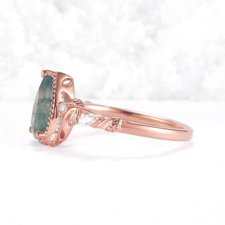 Unique Pear Cut Moss Agate Twisted Gemstone Ring