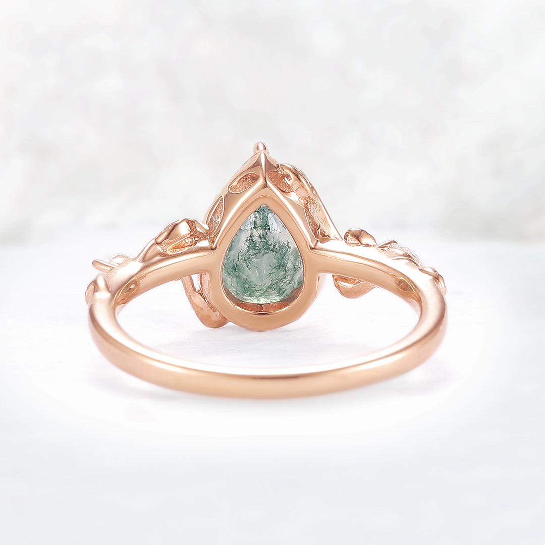 Nature Pear Cut Moss Agate Leaf Twisted Gemstone Ring