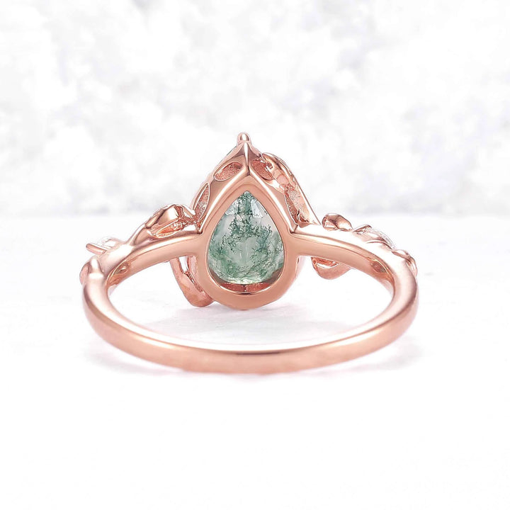 Unique Pear Cut Moss Agate Twisted Gemstone Ring