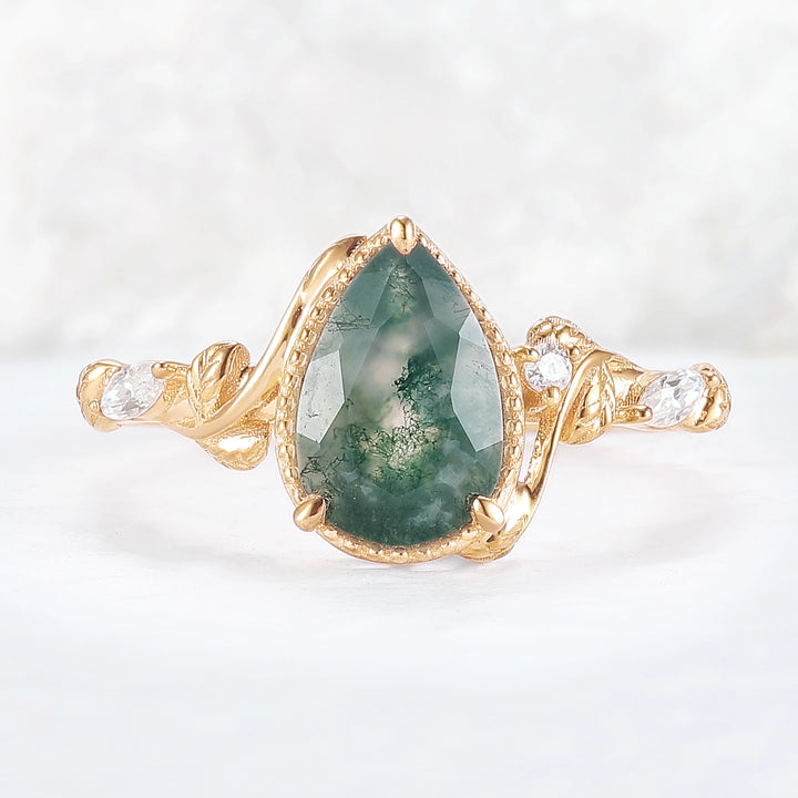 Nature Pear Cut Moss Agate Leaf Twisted Gemstone Ring