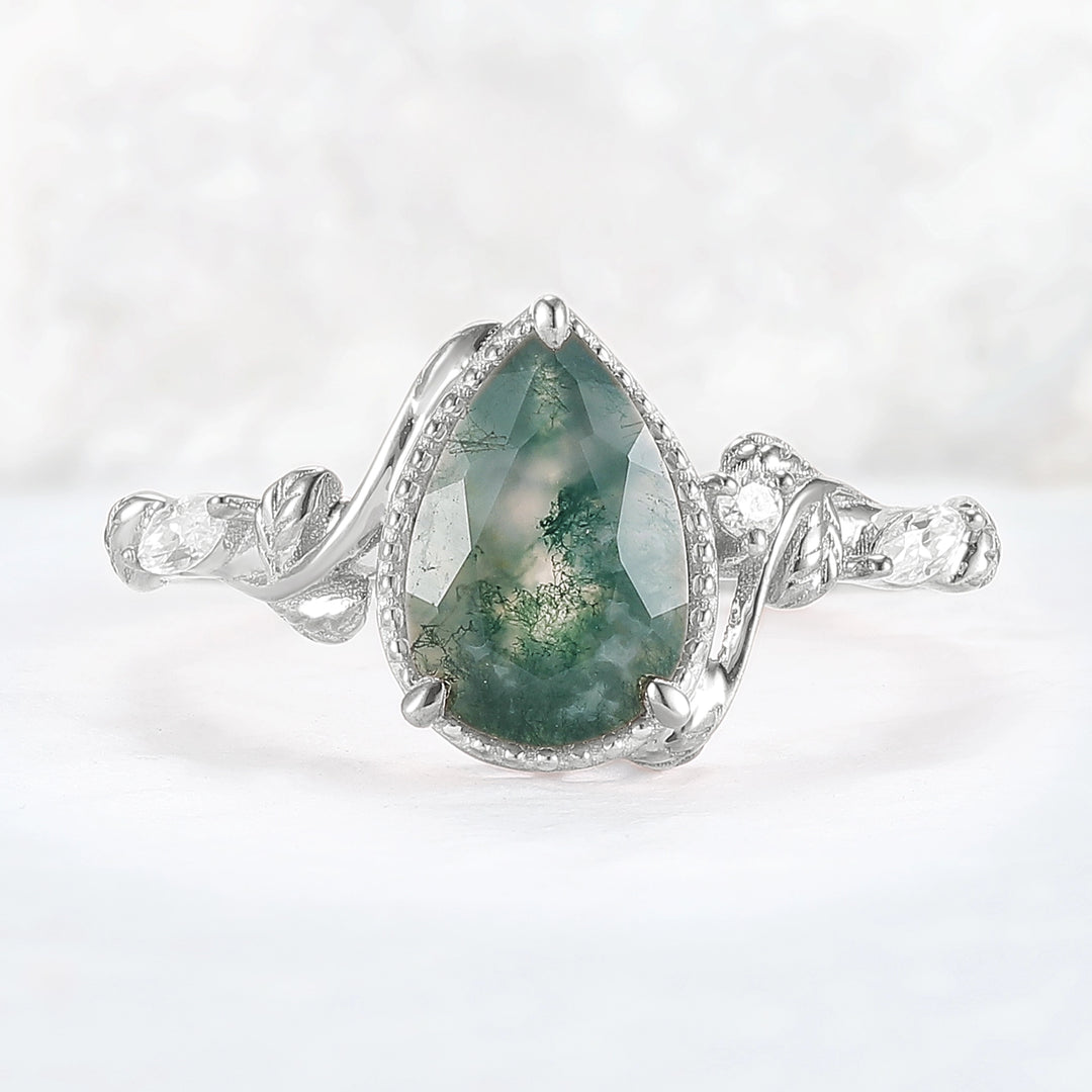 Nature Pear Cut Moss Agate Leaf Twisted Gemstone Ring