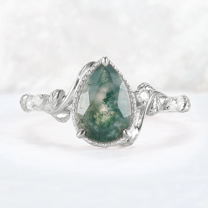 Nature Pear Cut Moss Agate Leaf Twisted Gemstone Ring