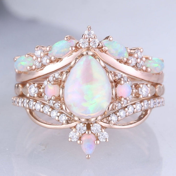Nature Pear Cut Opal Vine Handmade Ring Set 3pcs