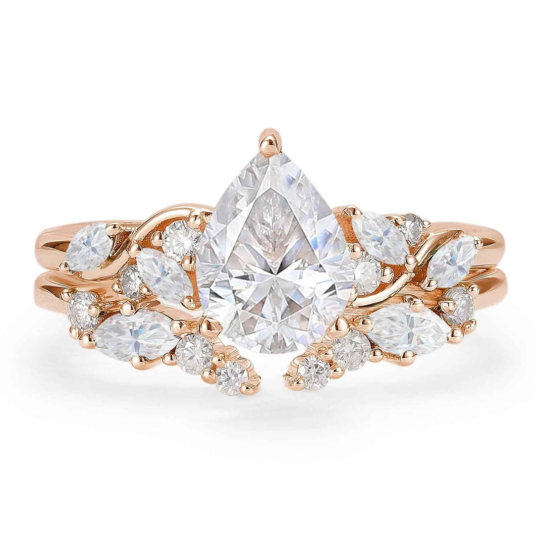Nature Pear Shaped Moissanite Vine Gemstone Ring Set 2pcs