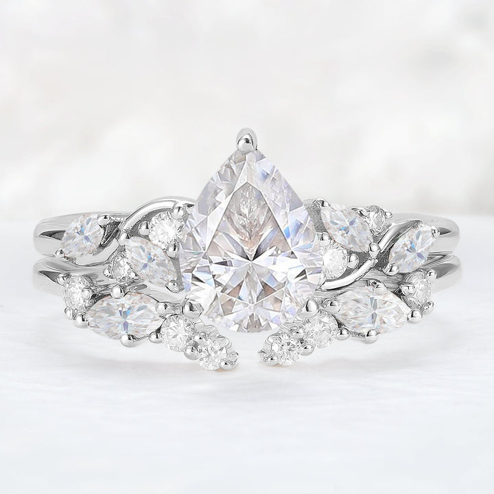 Nature Pear Shaped Moissanite Vine Gemstone Ring Set 2pcs