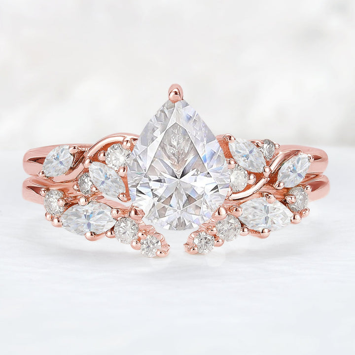 Nature Pear Shaped Moissanite Vine Gemstone Ring Set 2pcs