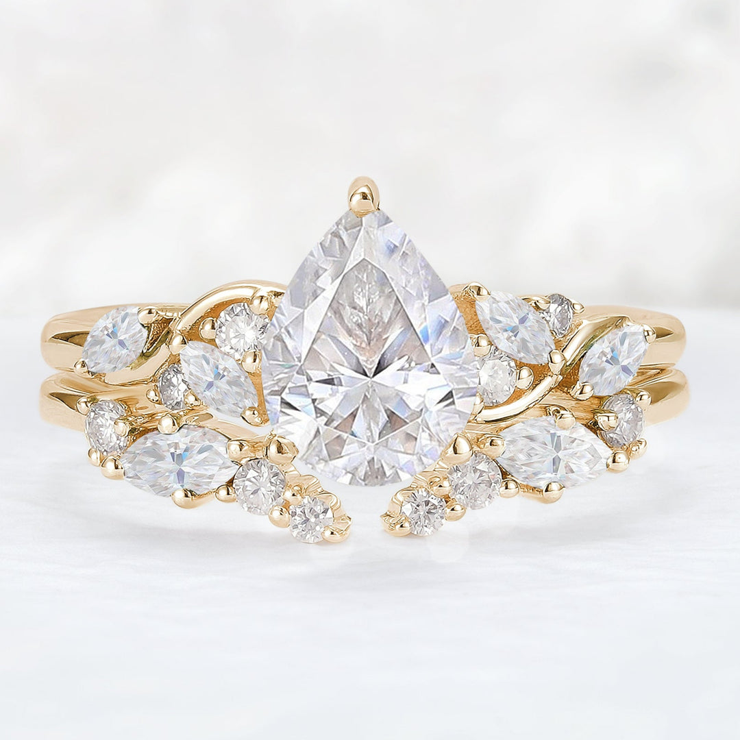 Nature Pear Shaped Moissanite Vine Gemstone Ring Set 2pcs