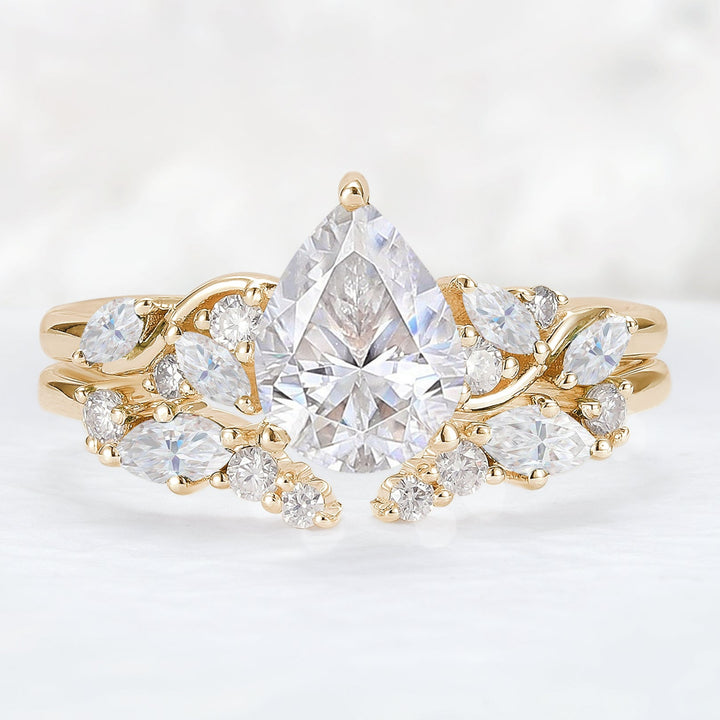 Nature Pear Shaped Moissanite Vine Gemstone Ring Set 2pcs