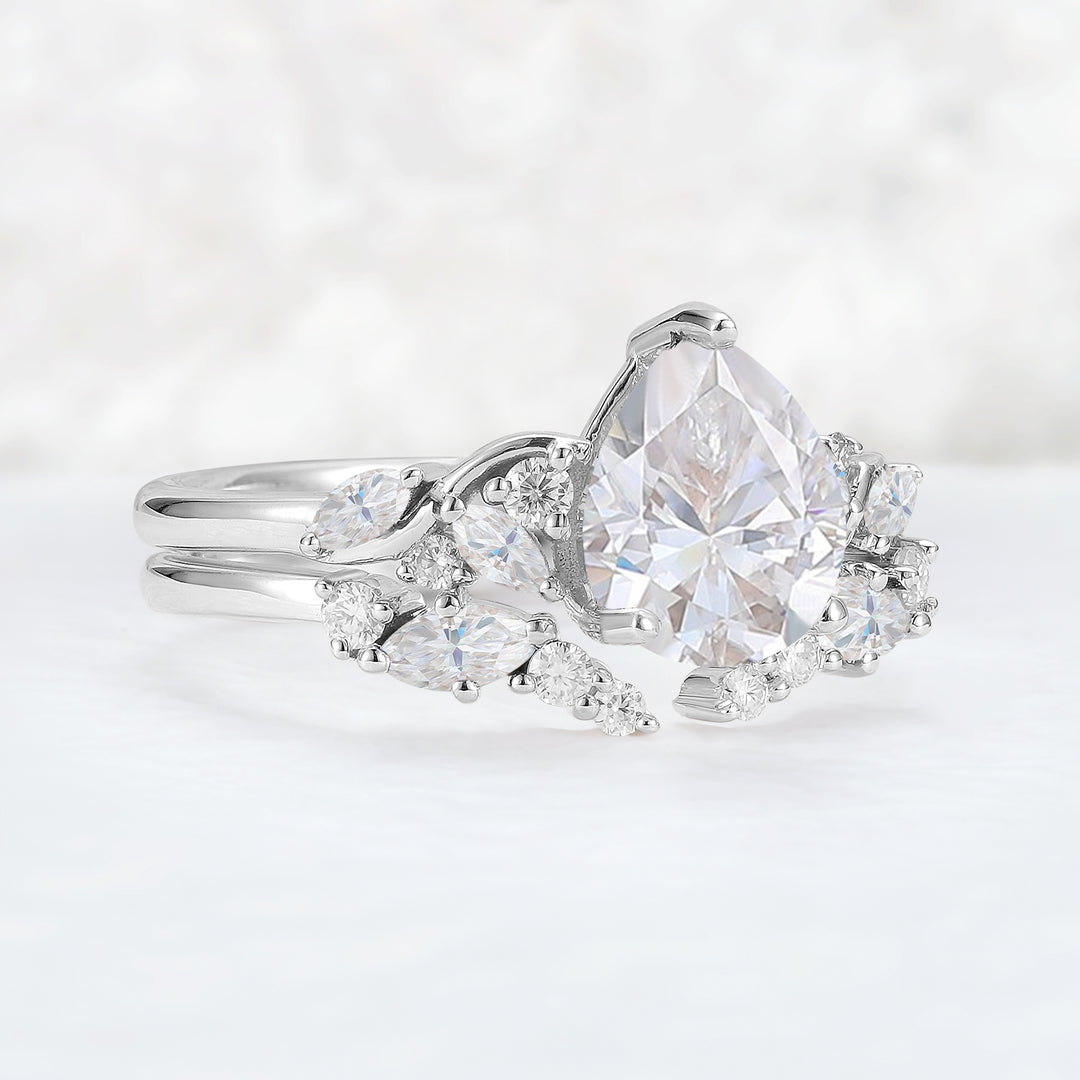 Nature Pear Shaped Moissanite Vine Gemstone Ring Set 2pcs