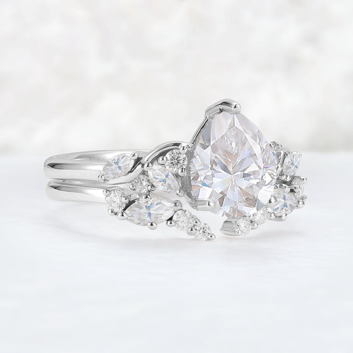 Nature Pear Shaped Moissanite Vine Gemstone Ring Set 2pcs