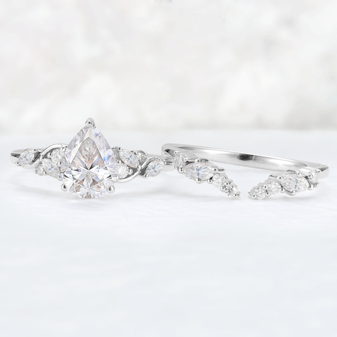 Nature Pear Shaped Moissanite Vine Gemstone Ring Set 2pcs