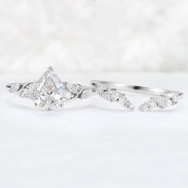Nature Pear Shaped Moissanite Vine Gemstone Ring Set 2pcs
