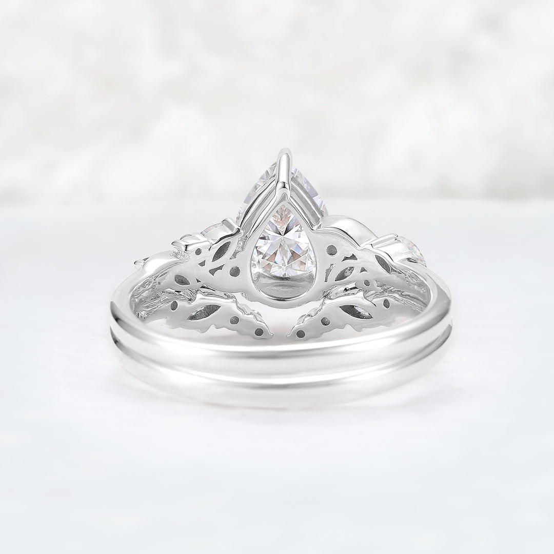 Nature Pear Shaped Moissanite Vine Gemstone Ring Set 2pcs
