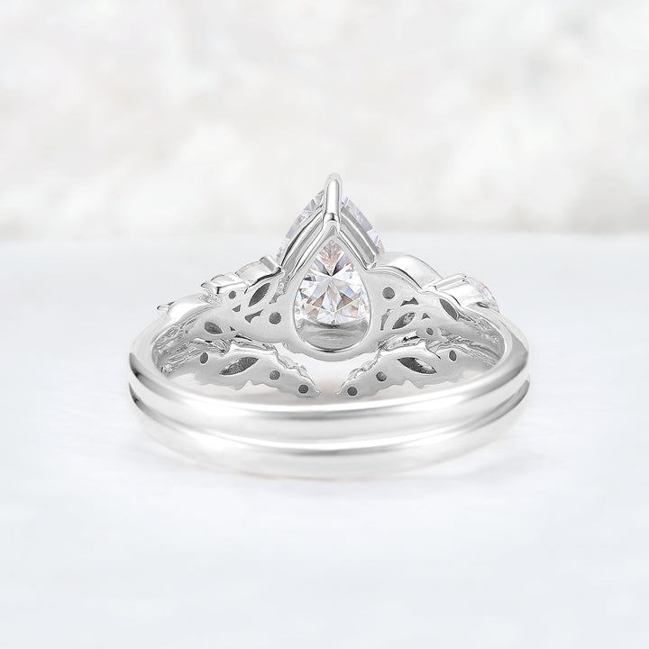 Nature Pear Shaped Moissanite Vine Gemstone Ring Set 2pcs