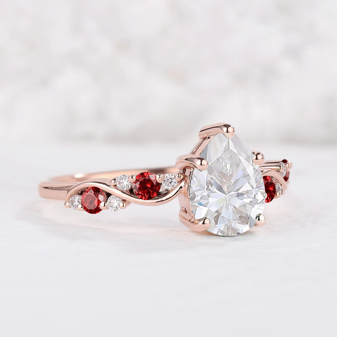 Nature Pear Shaped Moissanite and Ruby Vine Gemstone Ring