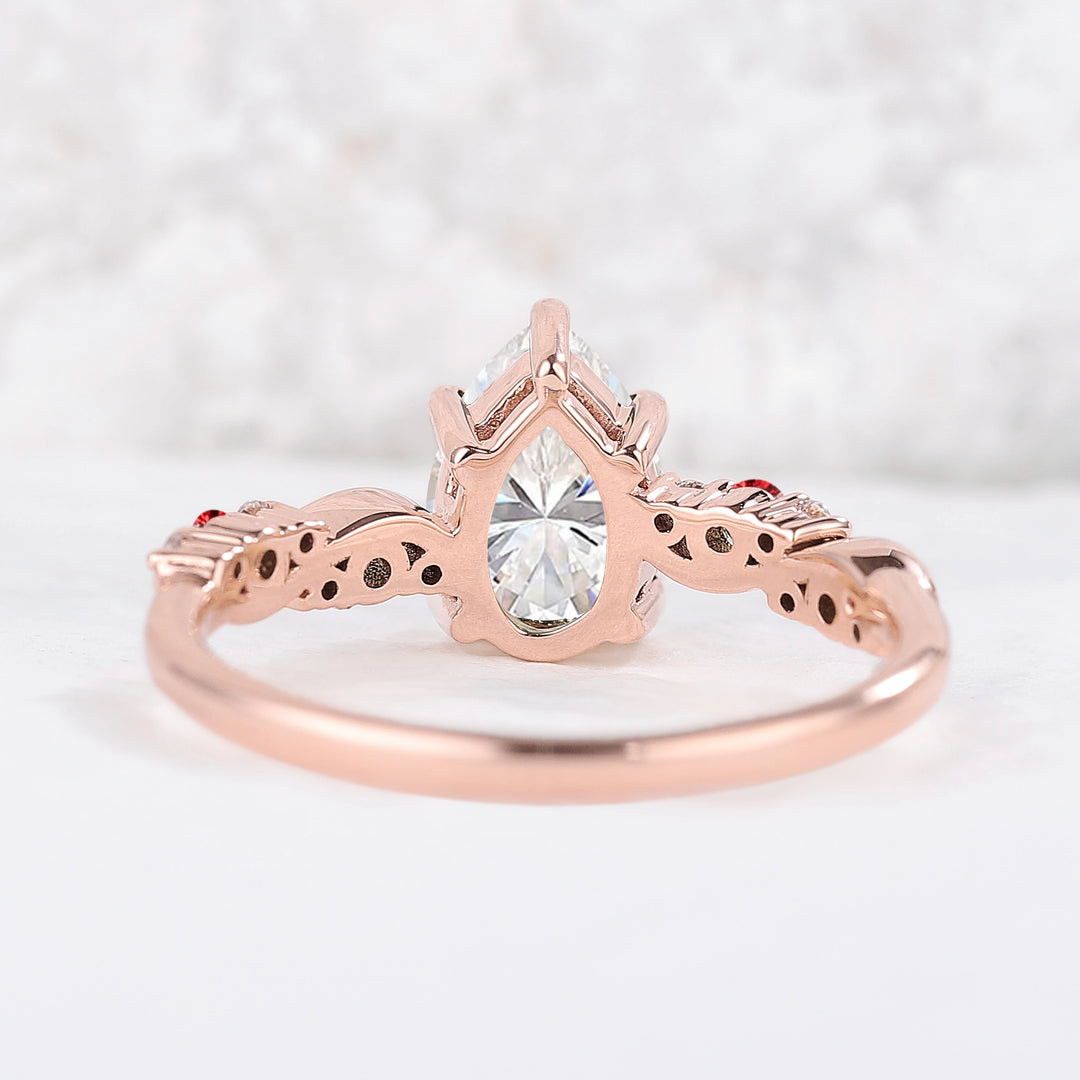 Nature Pear Shaped Moissanite and Ruby Vine Gemstone Ring