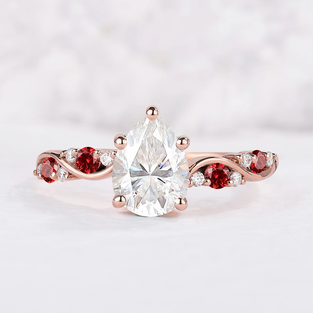Nature Pear Shaped Moissanite and Ruby Vine Gemstone Ring