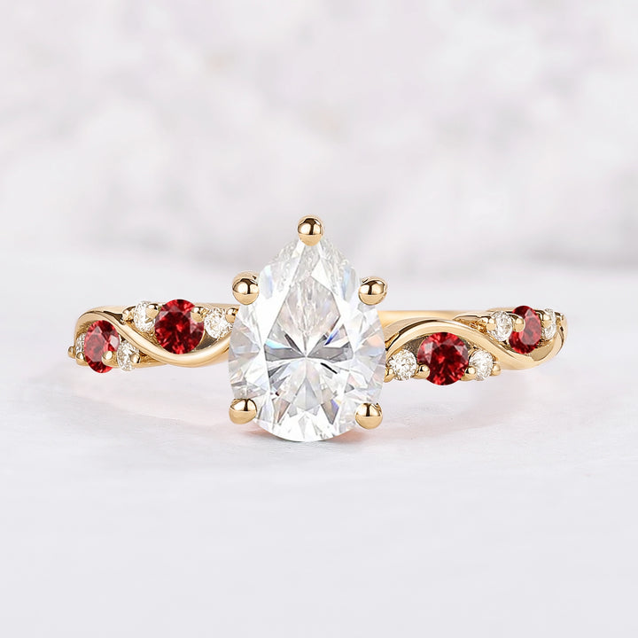 Nature Pear Shaped Moissanite and Ruby Vine Gemstone Ring